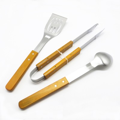 Solid wood handle 3 piece Barbecue grill tools set with spoon