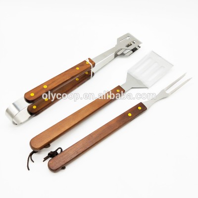 Professional 3pcs Stainless steel Barbecue Utensil Set with Wooden Handle